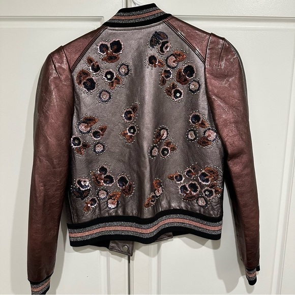 Rare Coach Shrunken Leather Varsity Jacket In Metallic Brown size 2 - Picture 7 of 11
